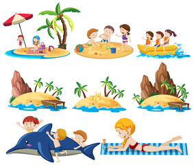 Obraz na płótnie Canvas Set of summer beach activities and kid icon cartoon style isolated on white background