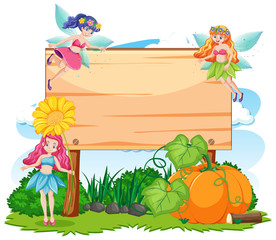 Fairy tales in garden with blank banner cartoon style on white background