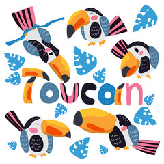 Set of toucan birds cartoon character with funny text toucan. Cute flat vector illustration isolated on white. South America fauna. Exotic colorful birds for zoo ad, nature concept, children book ets © Iuliia