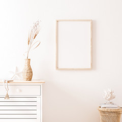 Mockup frame in cozy warm home interior background, 3d render