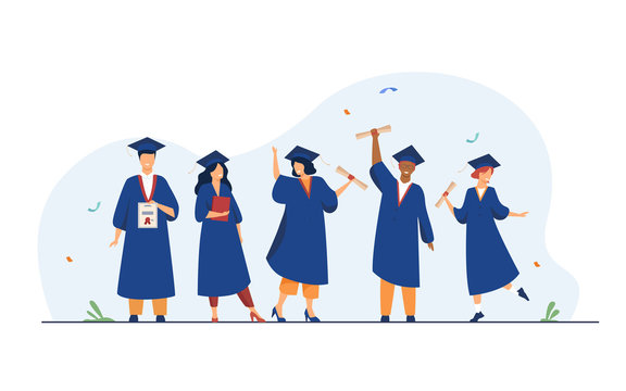 Happy diverse students celebrating graduation from school or colleges, holding diplomas and certificates. Flat vector illustration for education, university party, academic success concept