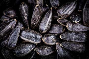 Top view of black sunflower seeds. Organic natural food background. Sunflower seeds are siutable for microgreens sprout