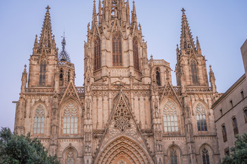 Fototapeta na wymiar Panorama in Cathedral of Barcelona during Coronavirus pandemic. Catalonia,Spain