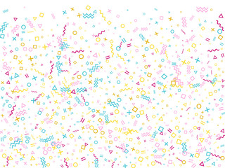 Memphis style geometric confetti vector background with triangle, circle, square shapes, chevron and wavy line ribbons. 