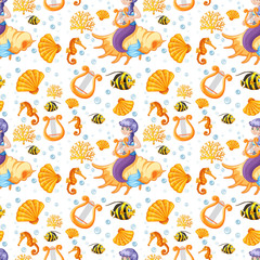 Seamless mermaid and sea animal cartoon style on white background