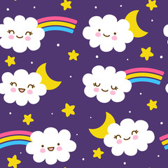 Fototapeta na wymiar Seamless pattern with cute little clouds with moon and stars - kawaii night background for kids textile design