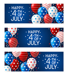 Obraz premium Set of horizontal Independence day panoramic banners with color balloons and confetti on blue background