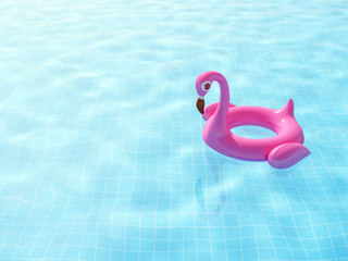 Swimming pool with float pink inflatable flamingo on ripple blue water with space for your text, 3d rendering summer background.