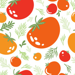 Red juicy tomatoes hand drawn seamless pattern. Background useful natural vegetables for a healthy diet. Vegetarian food vector texture. Vegan, farm, organic, detox, crop. Vector flat illustration.