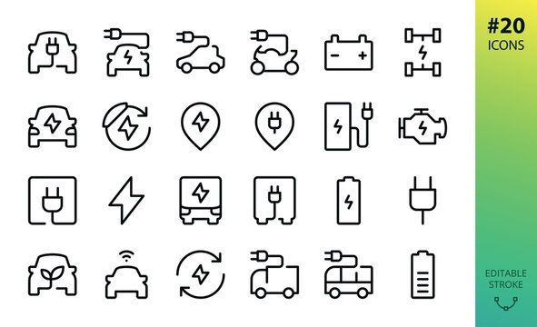 Electric car outline vector icon. Set of e car, electric bus, truck, vehicle, auto, charge station parking, engine, plug, battery, eco transport, autopilot, smart car isolated editable stroke icon