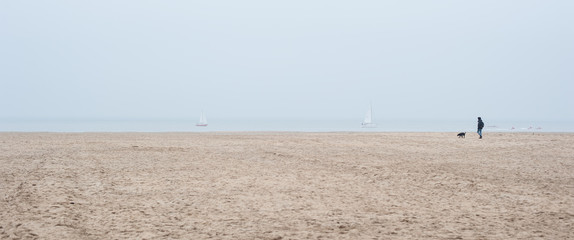 Fototapeta na wymiar Man and dog, walking along the empty shores of the ocean or sea. Seascape panorama scenic