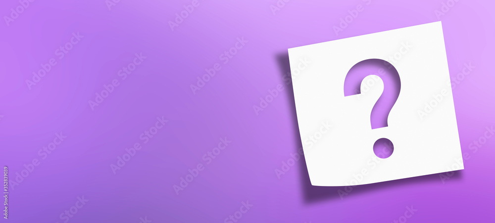 Poster note paper with question mark on panoramic abstract purple background