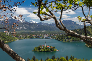 Island with church on lake in Bled city, Slovenia, Triglav National Park