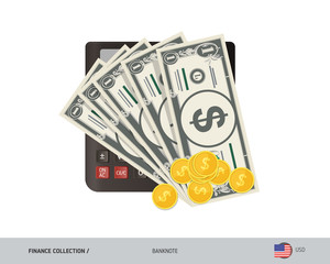 Money and finance. Calculator with 1 US Dollar banknotes and gold coins. Flat style vector illustration.