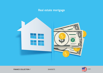Real estate mortgage concept. 1 US Dollar banknotes and gold coins. Flat style vector illustration.