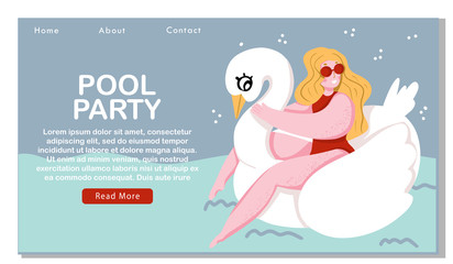 Pool party advertising web page concept. Beautiful girl in floating on inflatable swan ring. Summer landing page template. Vector
