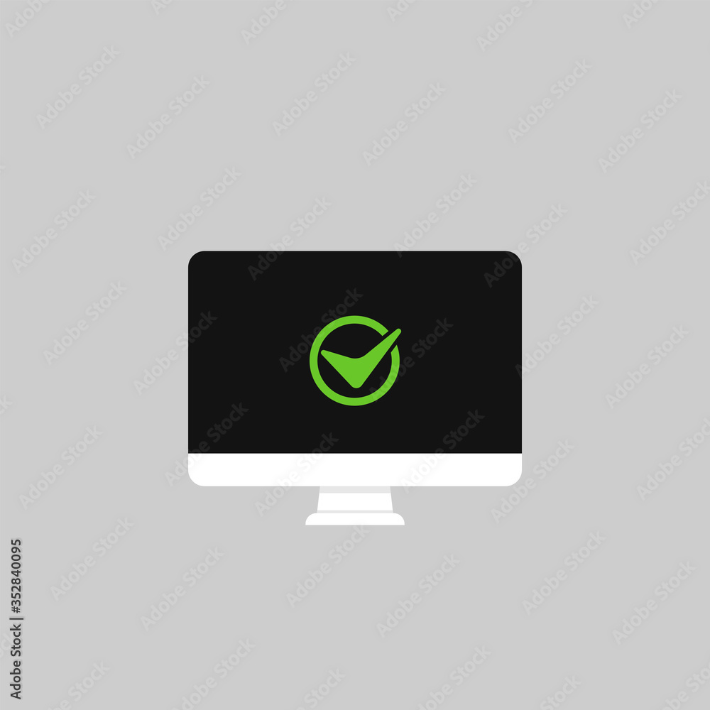 Poster check mark symbol on laptop, phone or computer screen or pc with approved task done vector flat cart