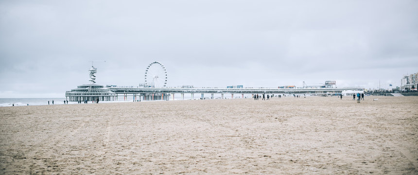 Panorama View And Seascape Of Hague Beach And Scheveningen Pier. Den Haag, The Netherlands 