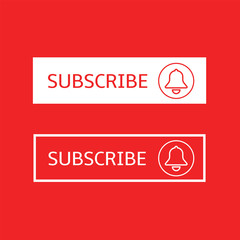Subscribe banner templates. White and red Subscribe button with bell sign on red background, social networks and video blogs element