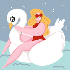 Young beautiful woman in red swimsuit, floating on inflatable ring in the shape of swan in swimming pool, top view vector Illustration. Summer time
