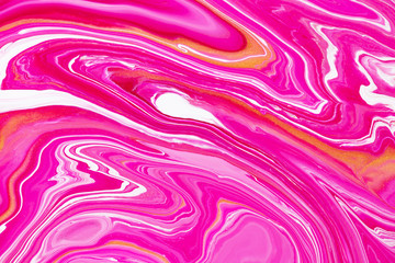 Fluid art texture. Backdrop with abstract iridescent paint effect. Liquid acrylic picture that flows and splashes. Mixed paints for website background. Golden, white and pink overflowing colors