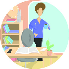 Young Woman and Man in Fashion Clothing Standing and Drinking Coffee at Cafe Vector Illustration