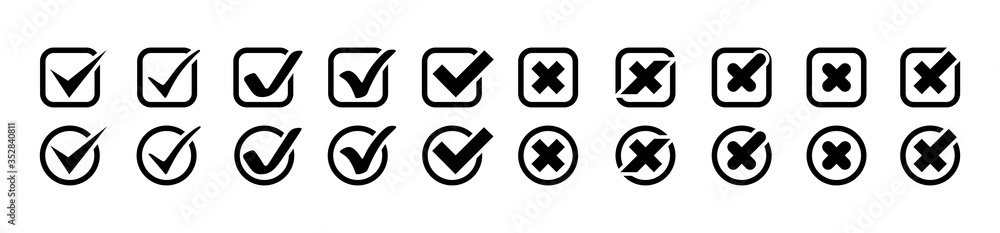 Poster check marks with crosses vector icons big collection. check marks with crosses different shapes, iso