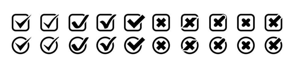Check Marks with Crosses vector icons big collection. Check Marks with Crosses different shapes, isolated on white background. Check Marks icons and Crosses in modern simple flat design. Eps10