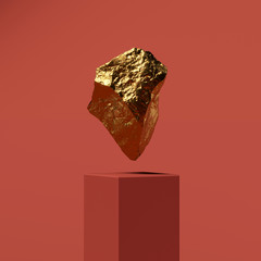 3D rendering of a cliff of gold, a sculpture levitates above a curbstone on a red background, banner or wallpaper
