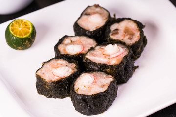 a Philippine made Japanese siomai  ground pork with crab stick wrapped in nori  © recyap