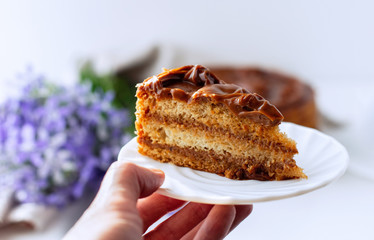 Female hand holds a plate with a slice of homemade honey cake.