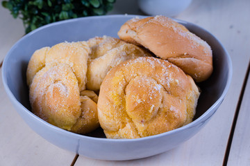 Filipino style of ensaymada; a bread with margarine and white sugar