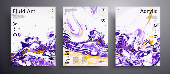 Abstract vector poster, texture set of fluid art covers. Artistic background that can be used for design cover, poster, brochure and etc. Purple, white and orange creative iridescent artwork