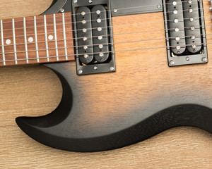 Electric Guitar detail of strings over wooden background ideal for music lessons signs