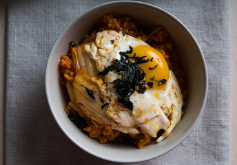 kimchi fried rice with fried egg and nori