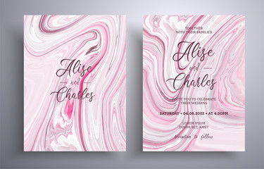 Collection of acrylic wedding invitations with stone texture. Mineral vector covers with marble effect and place for text, pink, gray and white colors. Designed for posters, brochures and etc