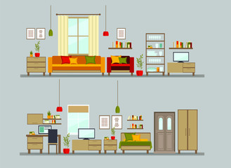 set of living room interior with furniture, TV, table, shelves with books and home flowers, floor lamp. flat cartoon vector illustration