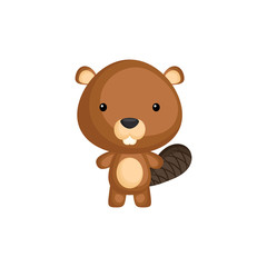 Cute funny baby beaver isolated on white background. Woodland adorable animal character for design of album, scrapbook, card and invitation. Flat cartoon colorful vector illustration.