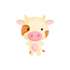Cute funny baby cow isolated on white background. Farm adorable animal character for design of album, scrapbook, card and invitation. Flat cartoon colorful vector illustration.