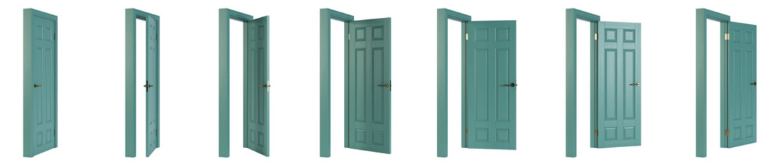 Interroom door isolated on white background. Set of wooden doors at different stages of opening. 3D rendering.