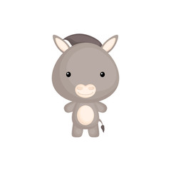 Cute funny baby donkey isolated on white background. Farm adorable animal character for design of album, scrapbook, card and invitation. Flat cartoon colorful vector illustration.