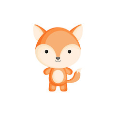 Cute funny baby fox isolated on white background. Woodland adorable animal character for design of album, scrapbook, card and invitation. Flat cartoon colorful vector illustration.