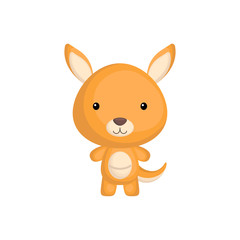 Cute funny baby kangaroo isolated on white background. Wild australian adorable animal character for design of album, scrapbook, card and invitation. Flat cartoon colorful vector illustration.