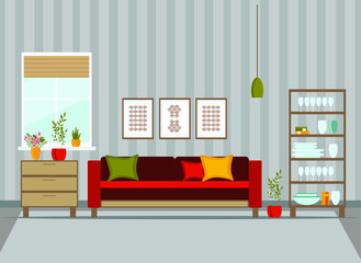 living room interior with furniture, flat cartoon vector illustration
