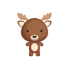 Cute funny baby moose isolated on white background. Wild forest adorable animal character for design of album, scrapbook, card and invitation. Flat cartoon colorful vector illustration.