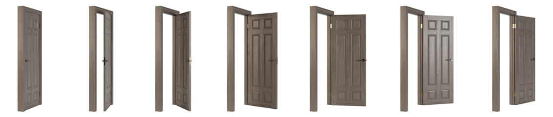 Interroom door isolated on white background. Set of wooden doors at different stages of opening. 3D rendering.