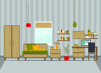children's room with furniture, bed, computer desk, wardrobe, shelves, computer, flat vector illustration