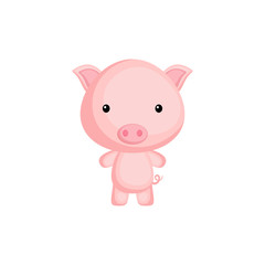 Cute funny baby pig isolated on white background. Farm adorable animal character for design of album, scrapbook, card and invitation. Flat cartoon colorful vector illustration.