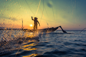 Fisherman net sunset Silhouette boat