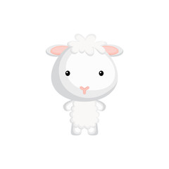 Obraz na płótnie Canvas Cute funny baby sheep isolated on white background. Farm adorable animal character for design of album, scrapbook, card and invitation. Flat cartoon colorful vector illustration.